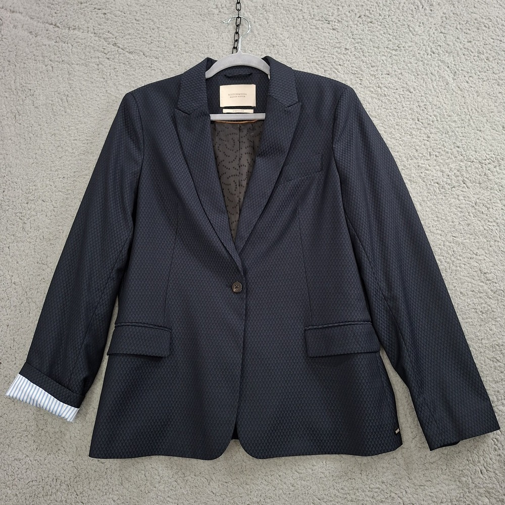 Scotch &‎ Soda Womens L Classic Tailored Fit Blazer One Button Blue Night Leaves